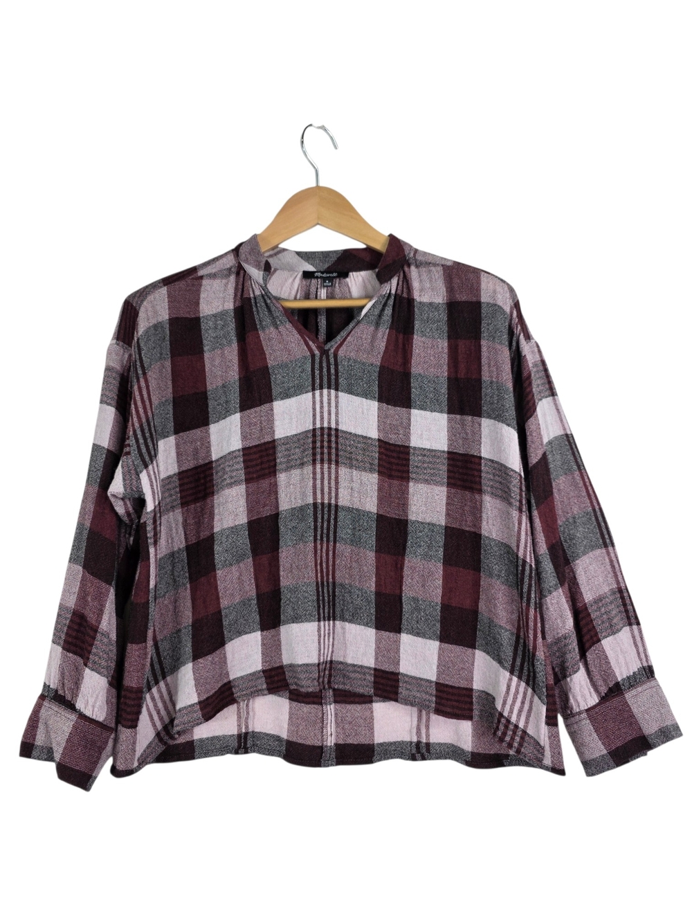 Madewel Wool blendl Burgundy and Gray Plaid V-Notch Blouse